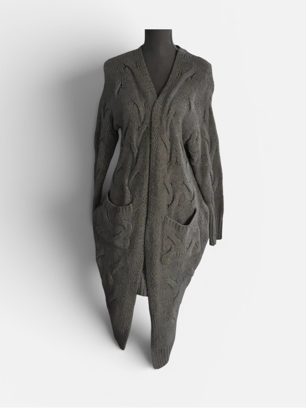 Dex Dark Gray Cable-Knit Open Front Long Cardigan